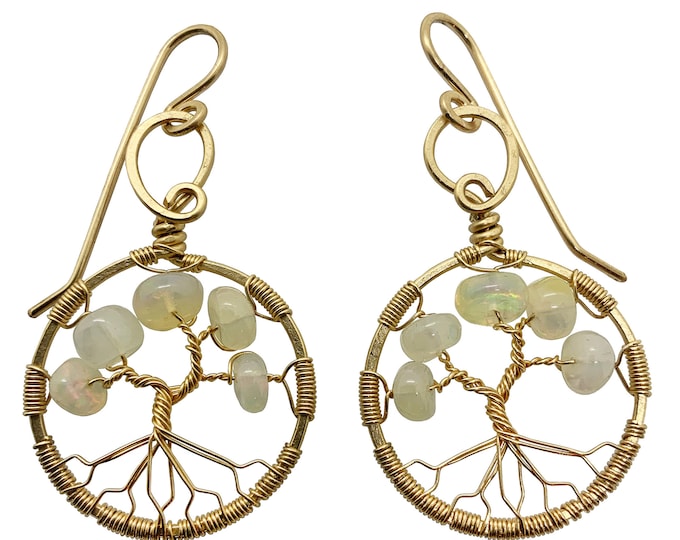 October Birthstone Gold Opal Tree of Life Earrings for Women 14th Anniversary Gift Libra