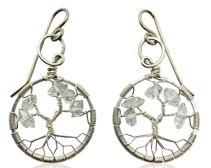 Herkimer Diamond Tree Of Life Earrings Sterling Silver April Birthstone