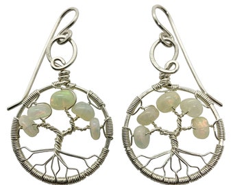 October Birthstone Silver Opal Tree of Life Earrings for Women 14th Anniversary Gift  Libra