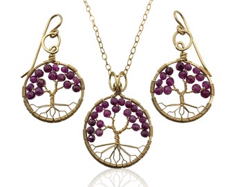 Gold Ruby Tree of Life Jewelry Gift Set for Women, 40th Anniversary, July Birthstone Gift