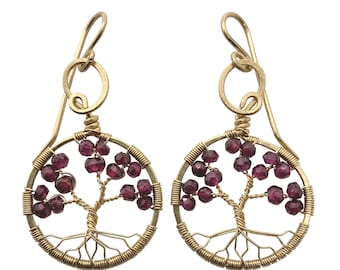 Garnet Gold Tree-of-Life Earrings, January Birthstone, 2nd Anniversary Gift, Capricorn, Aquarius, Judaica