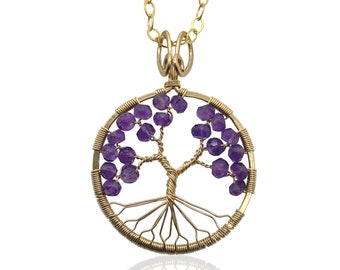 Gold Amethyst Tree Of Life Pendant Necklace, 6th Anniversary, February Birthstone, Aquarius Pisces