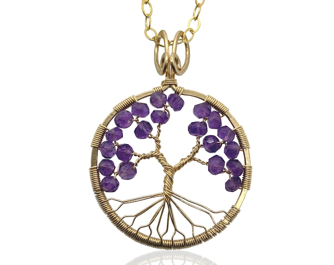 Gold Amethyst Tree Of Life Pendant Necklace, 6th Anniversary, February Birthstone, Aquarius Pisces