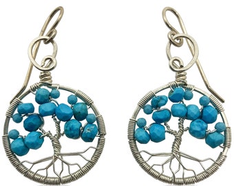 Silver Turquoise Tree of Life Earrings for Women, 11th Anniversary, December Birthstone Gift Sagittarius Capricorn