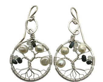Real Alexandrite Silver Tree-of-Life Earrings, Freshwater Pearls and Moonstone 3rd Anniversary Jewelry Silver Jewelry for Women 30th Gift