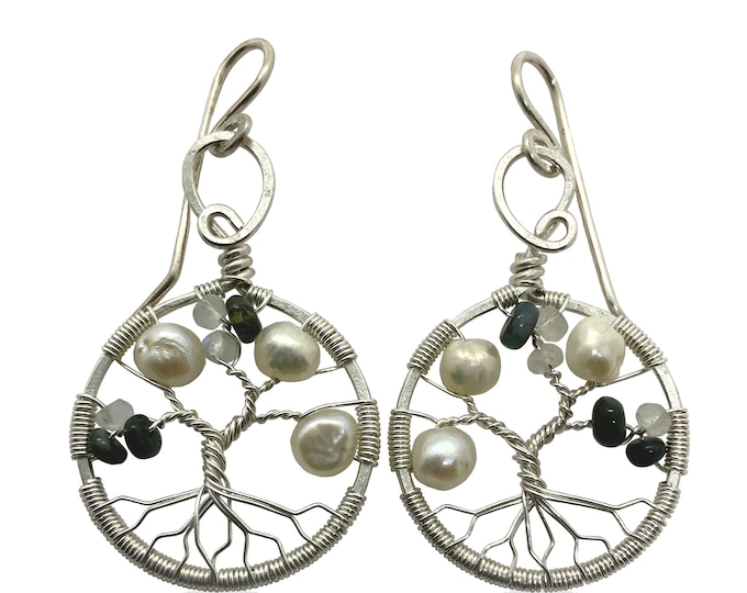 Real Alexandrite Silver Tree-of-Life Earrings, Freshwater Pearls and Moonstone 3rd Anniversary Jewelry Silver Jewelry for Women 30th Gift