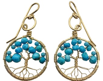 Gold Turquoise Tree of Life Earrings for Women, 11th Anniversary, December Birthstone Gift Sagittarius Capricorn
