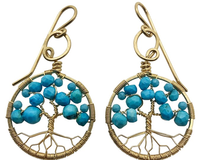 Gold Turquoise Tree of Life Earrings for Women, 11th Anniversary, December Birthstone Gift Sagittarius Capricorn