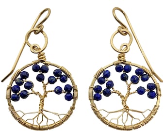 Gold Lapis Lazuli Tree of Life Earrings for Women, 9th Anniversary, September Birthstone Gift Virgo