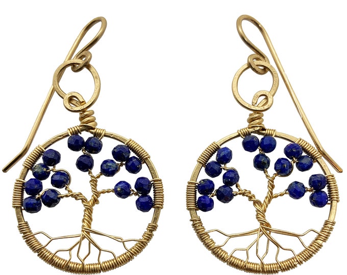 Gold Lapis Lazuli Tree of Life Earrings for Women, 9th Anniversary, September Birthstone Gift Virgo