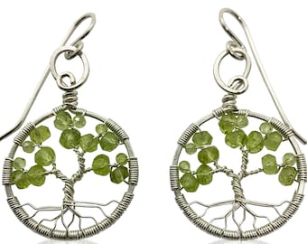 Silver Peridot Tree of Life Earrings for Women, 1st Anniversary, August Birthstone Gift