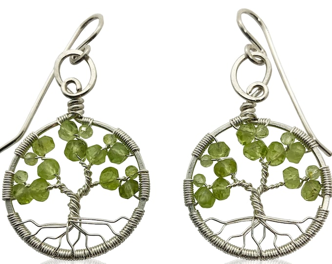 Silver Peridot Tree of Life Earrings for Women, 1st Anniversary, August Birthstone Gift