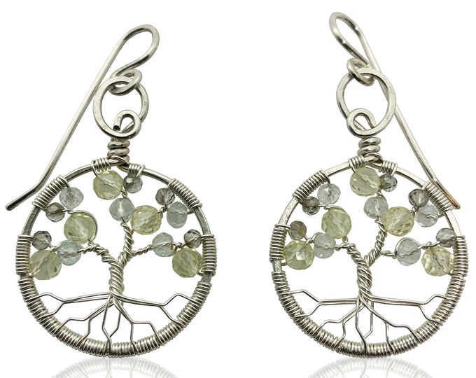 Silver Topaz Tree of Life Earrings for Women, 23rd Anniversary, November Birthstone Gift Scorpio Sagittarius