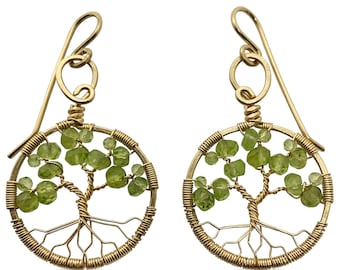 Gold Peridot Tree of Life Earrings for Women, 1st Anniversary, August Birthstone Gift