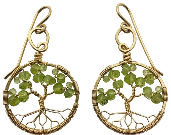 Gold Peridot Tree of Life Earrings for Women, 1st Anniversary, August Birthstone Gift