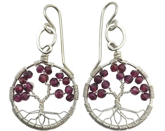 Silver Garnet Gemstone Tree of Life Earrings, January Birthstone, 2nd Anniversary Gift, Capricorn