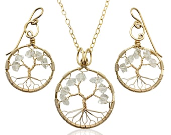 Gold Herkimer Diamond Tree-Of-Life Gold Jewelry Set April Birthstone Aries Taurus 10th Anniversary Gift