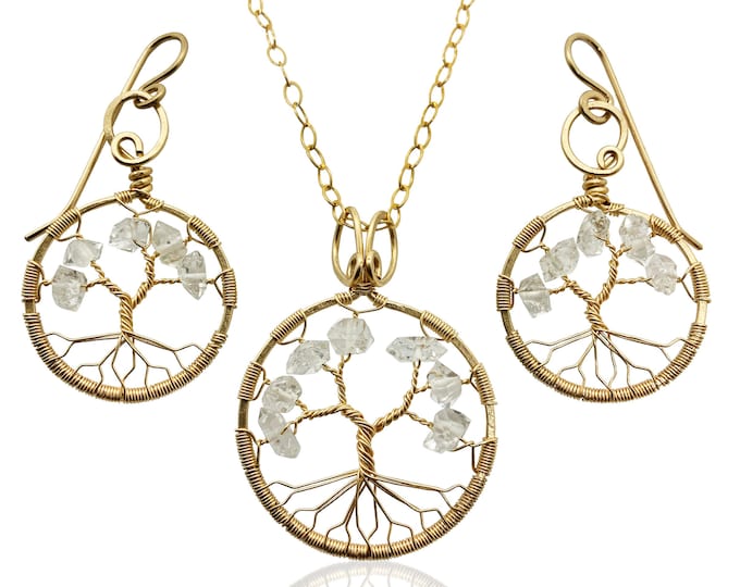 Gold Herkimer Diamond Tree-Of-Life Gold Jewelry Set April Birthstone Aries Taurus 10th Anniversary Gift
