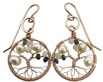 Real Alexandrite Rose GoldTree-of-Life Earrings, Freshwater Pearls and Moonstone 3rd Anniversary Jewelry Silver Jewelry for Women 30th Gift
