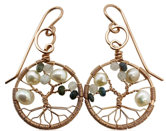 Real Alexandrite Rose GoldTree-of-Life Earrings, Freshwater Pearls and Moonstone 3rd Anniversary Jewelry Silver Jewelry for Women 30th Gift