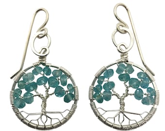 Silver Blue Apatite Tree-of-Life Earrings March Birthstone Pisces Aries 18th & 19th Anniversary Gift