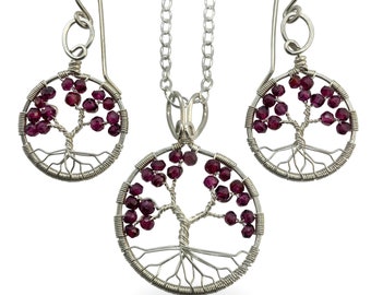 Sterling Silver Garnet Tree-Of-Life Jewelry Set, Pendant and Earrings, January Birthstone, 2nd Anniversary, Capricorn Aquarius