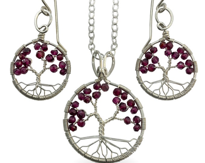 Sterling Silver Garnet Tree-Of-Life Jewelry Set, Pendant and Earrings, January Birthstone, 2nd Anniversary, Capricorn Aquarius