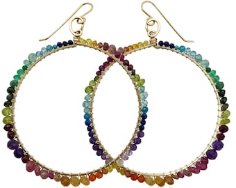 Large 2.5" Gold Mixed Gemstone Hoop Earrings for Women, Garnet, Ruby, Amethyst, Peridot, Topaz Anniversary Birthstone Gift