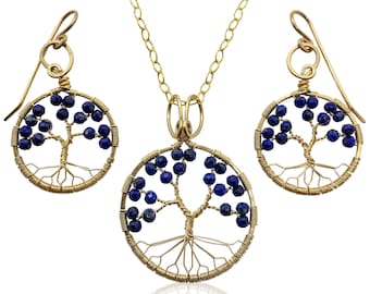 Gold Lapis Lazuli Tree of Life Jewelry Set for Women 9th Anniversary September Birthstone Gift Virgo