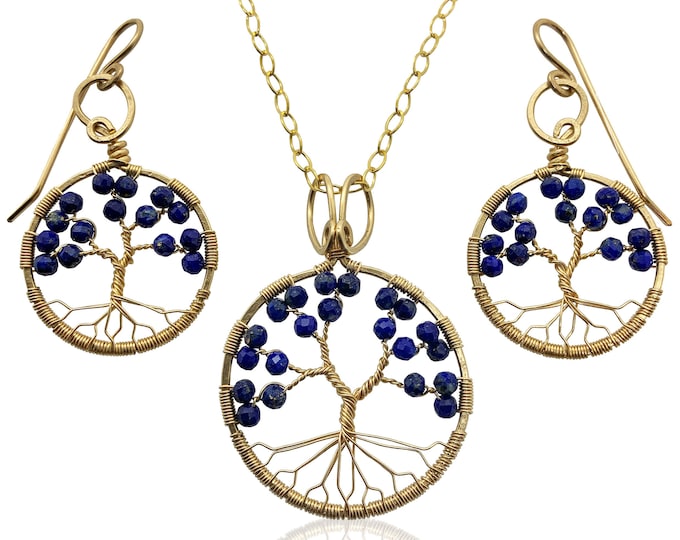 Gold Lapis Lazuli Tree of Life Jewelry Set for Women 9th Anniversary September Birthstone Gift Virgo