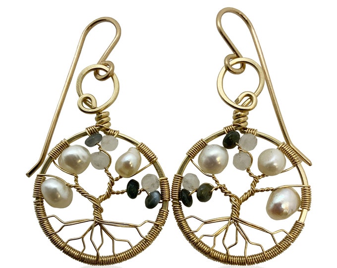 Real Alexandrite GoldTree-of-Life Earrings, Freshwater Pearls and Moonstone 3rd Anniversary Jewelry Silver Jewelry for Women 30th Gift