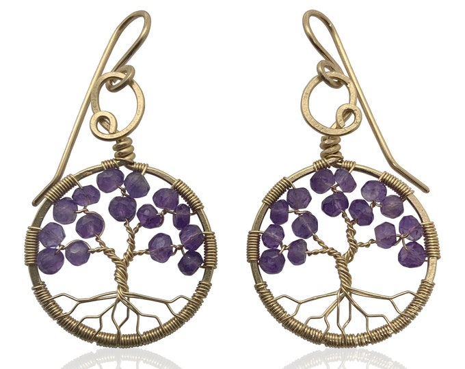 Amethyst Tree of Life Gold Earrings February Birthstone Aquarius Pisces 6th Anniversary
