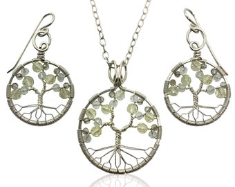 Silver Topaz Tree of Life Jewelry Set for Women 23rd Anniversary November Birthstone Gift Scorpio Sagittarius