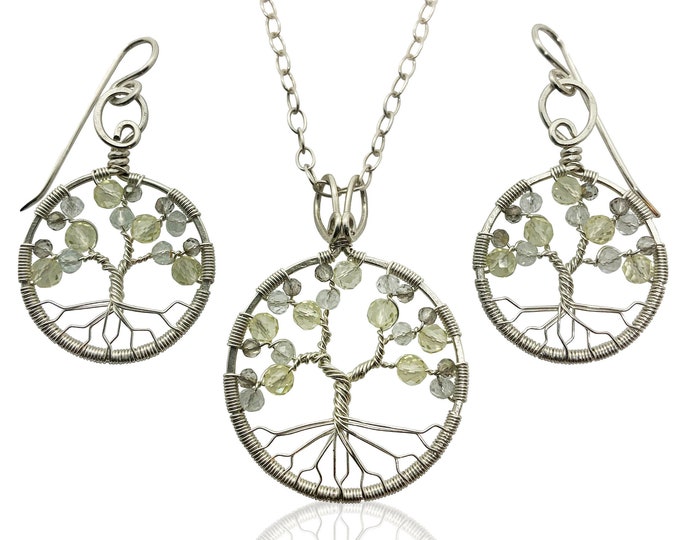 Silver Topaz Tree of Life Jewelry Set for Women 23rd Anniversary November Birthstone Gift Scorpio Sagittarius