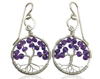 Silver Amethyst Tree-Of-Life Earrings, February Birthstone, 6th Anniversary Gift, Aquarius, Pisces