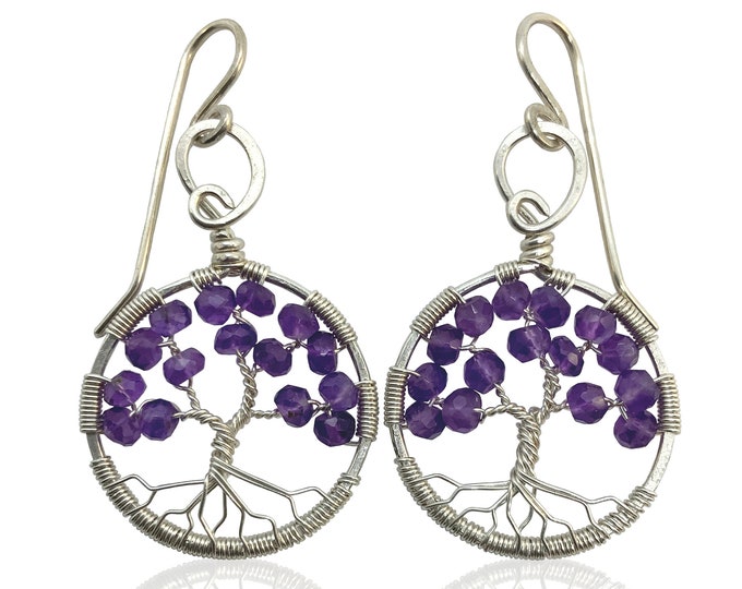Silver Amethyst Tree-Of-Life Earrings, February Birthstone, 6th Anniversary Gift, Aquarius, Pisces