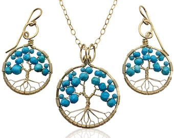 Gold Turquoise Tree of Life Jewelry Set for Women 11th Anniversary December Birthstone Gift Sagittarius Capricorn
