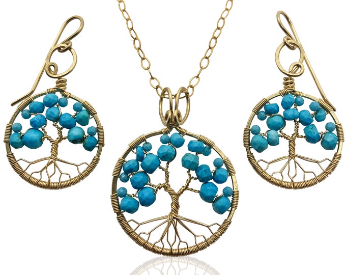 Gold Turquoise Tree of Life Jewelry Set for Women 11th Anniversary December Birthstone Gift Sagittarius Capricorn