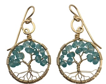 Gold Blue Apatite Tree-of-Life Earrings March Birthstone Pisces Aries 18th & 19th Anniversary Gift