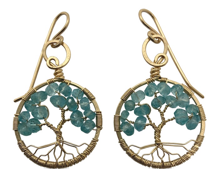 Gold Blue Apatite Tree-of-Life Earrings March Birthstone Pisces Aries 18th & 19th Anniversary Gift