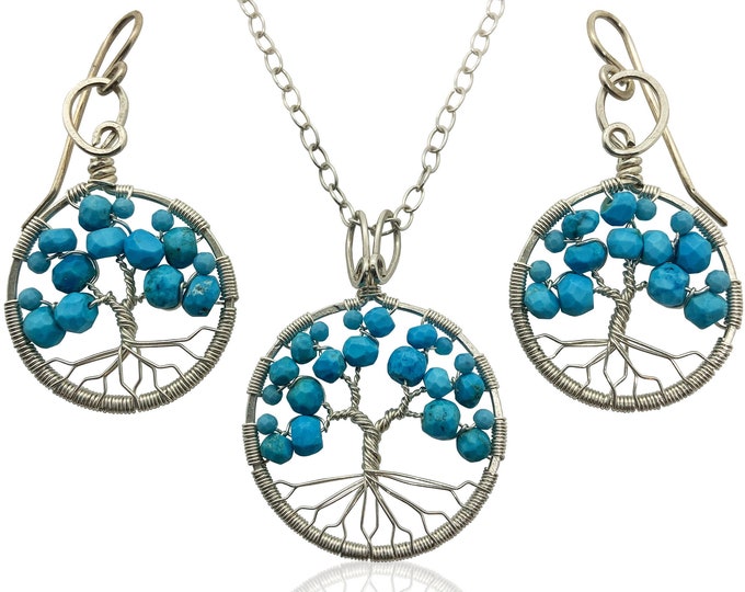 Silver Turquoise Tree of Life Jewelry Set for Women 11th Anniversary December Birthstone Gift Sagittarius Capricorn