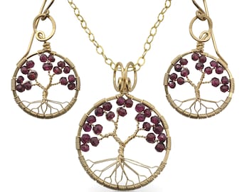 Gold Garnet Tree-Of-Life Jewelry Set January Birthstone 2nd Anniversary Capricorn Aquarius Judaica