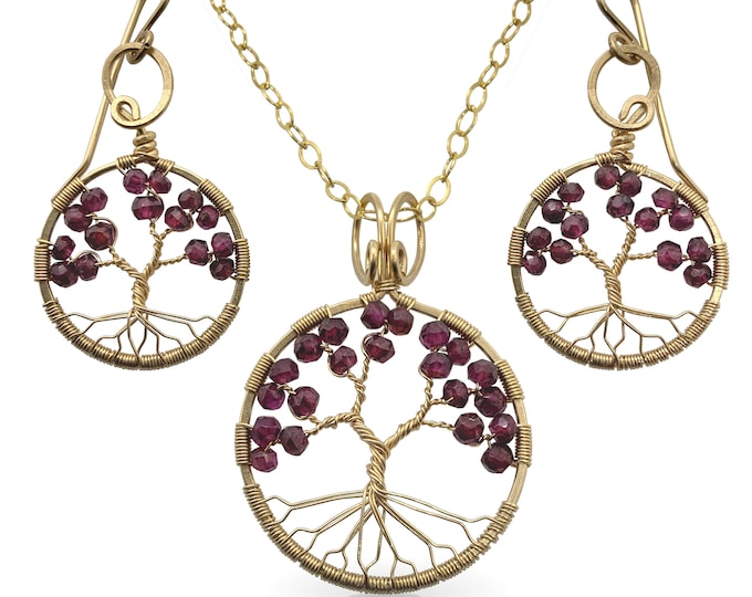 Gold Garnet Tree-Of-Life Jewelry Set January Birthstone 2nd Anniversary Capricorn Aquarius Judaica