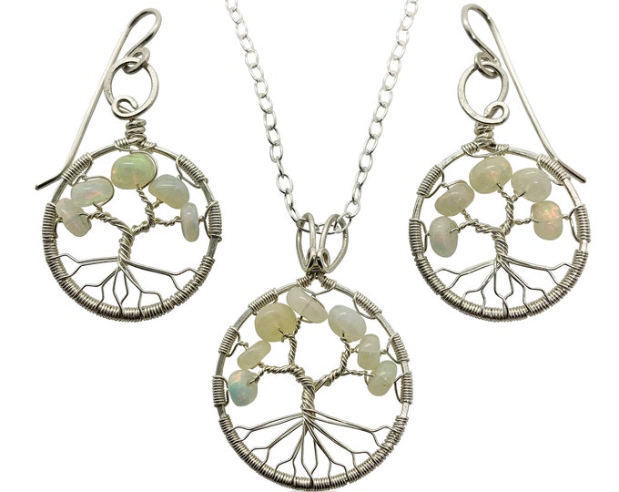 October Birthstone Silver Opal Tree of Life Jewelry Set for Women 14th Anniversary Birthstone Libra