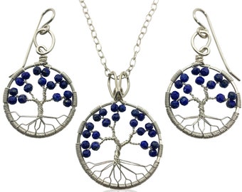 Silver Lapis Lazuli Tree of Life Jewelry Set for Women 9th Anniversary September Birthstone Gift Virgo