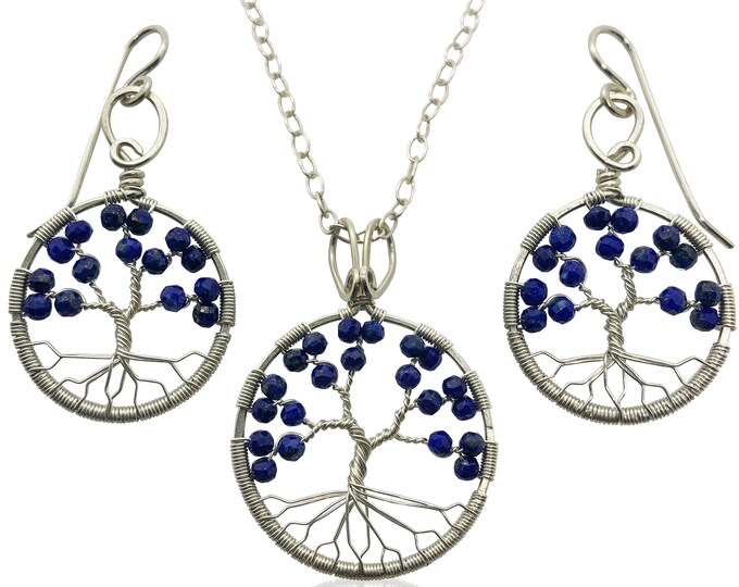 Silver Lapis Lazuli Tree of Life Jewelry Set for Women 9th Anniversary September Birthstone Gift Virgo