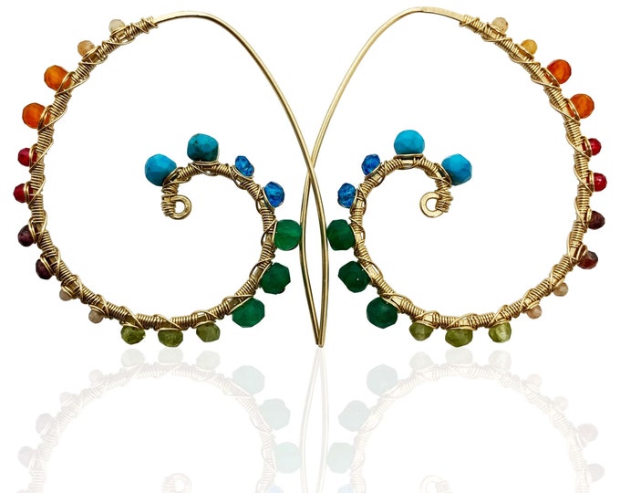 Large Gold Mixed Gemstone Spiral Hoop Earrings for Women