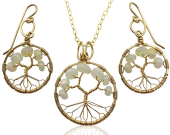 October Birthstone Gold Opal Tree of Life Jewelry Set for Women 14th Anniversary Birthstone Libra
