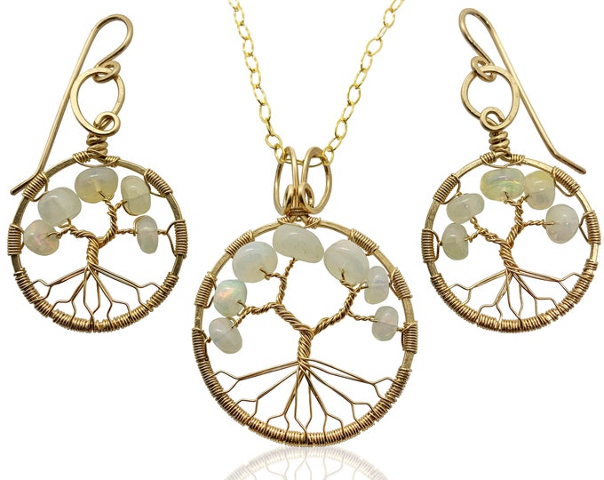 October Birthstone Gold Opal Tree of Life Jewelry Set for Women 14th Anniversary Birthstone Libra