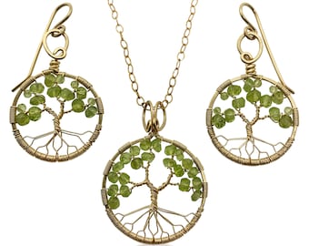 Gold Peridot Tree of Life Jewelry Set August Birthstone for Leo Virgo 1st Anniversary Gift